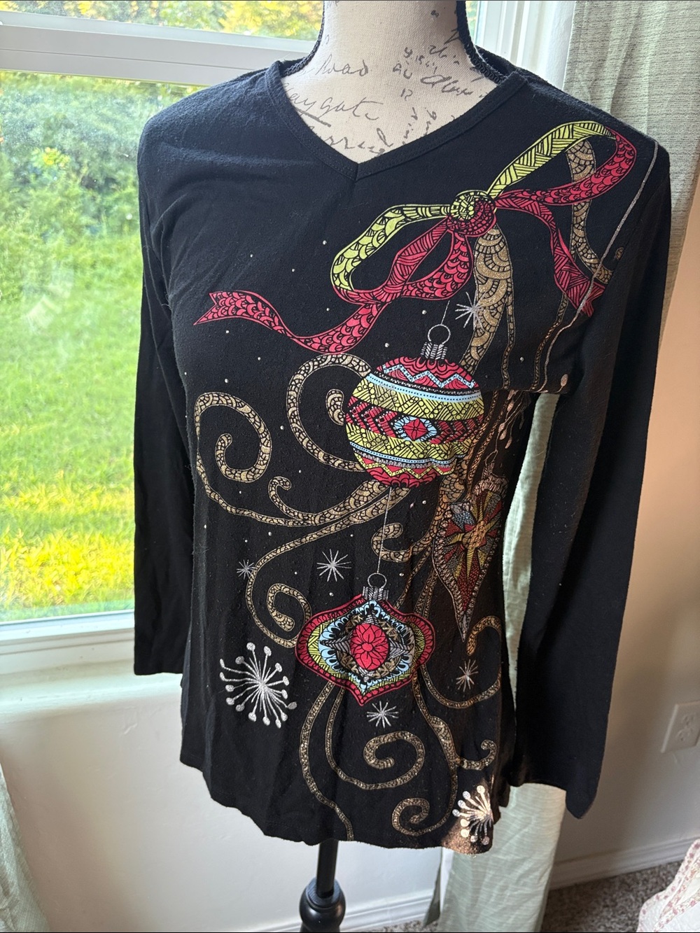 Black Long-Sleeve Tunic with Festive Ornament Print